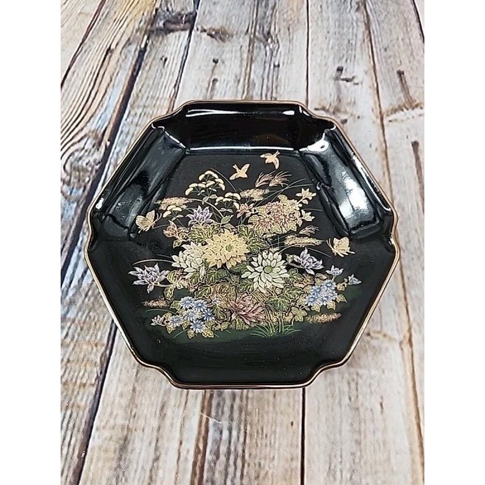 Vintage Otagiri Japan Black Hexagonal Dish Floral Birds Gibson Greeting Cards